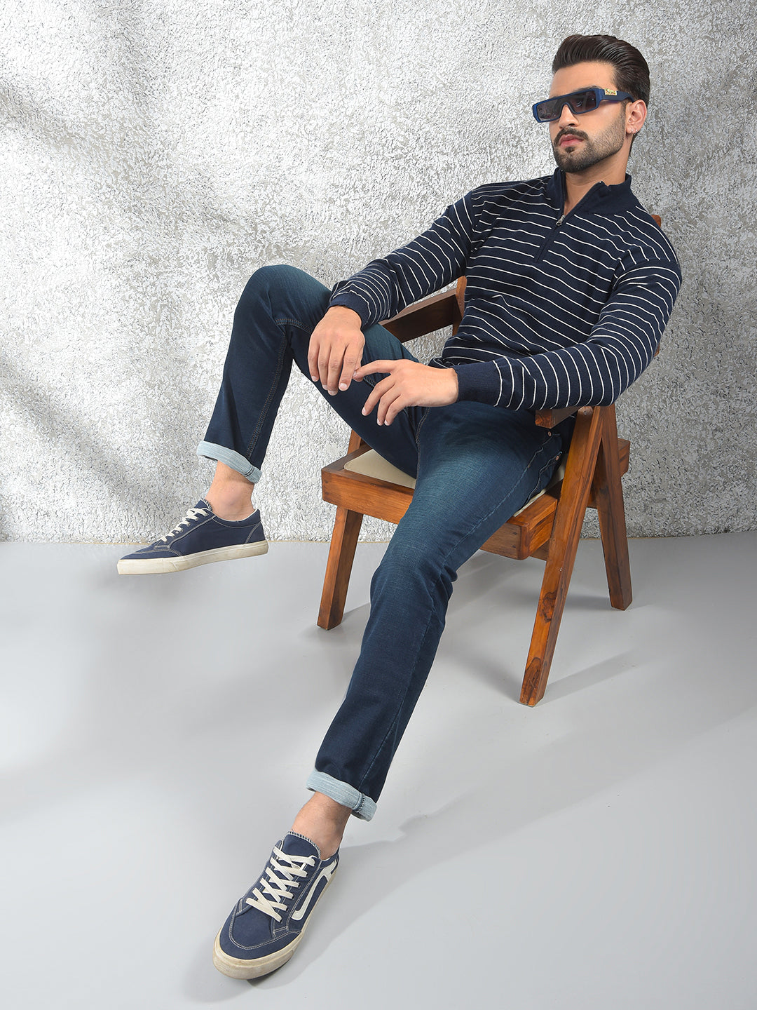 Navy Blue Vertical Stripes Knitted Sweater
