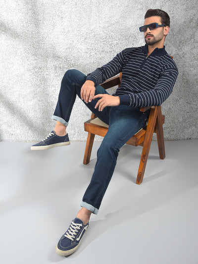 Navy Blue Vertical Stripes Knitted Sweater