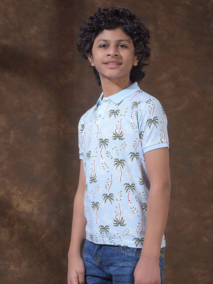 Blue Floral Print Polo Neck T-Shirt