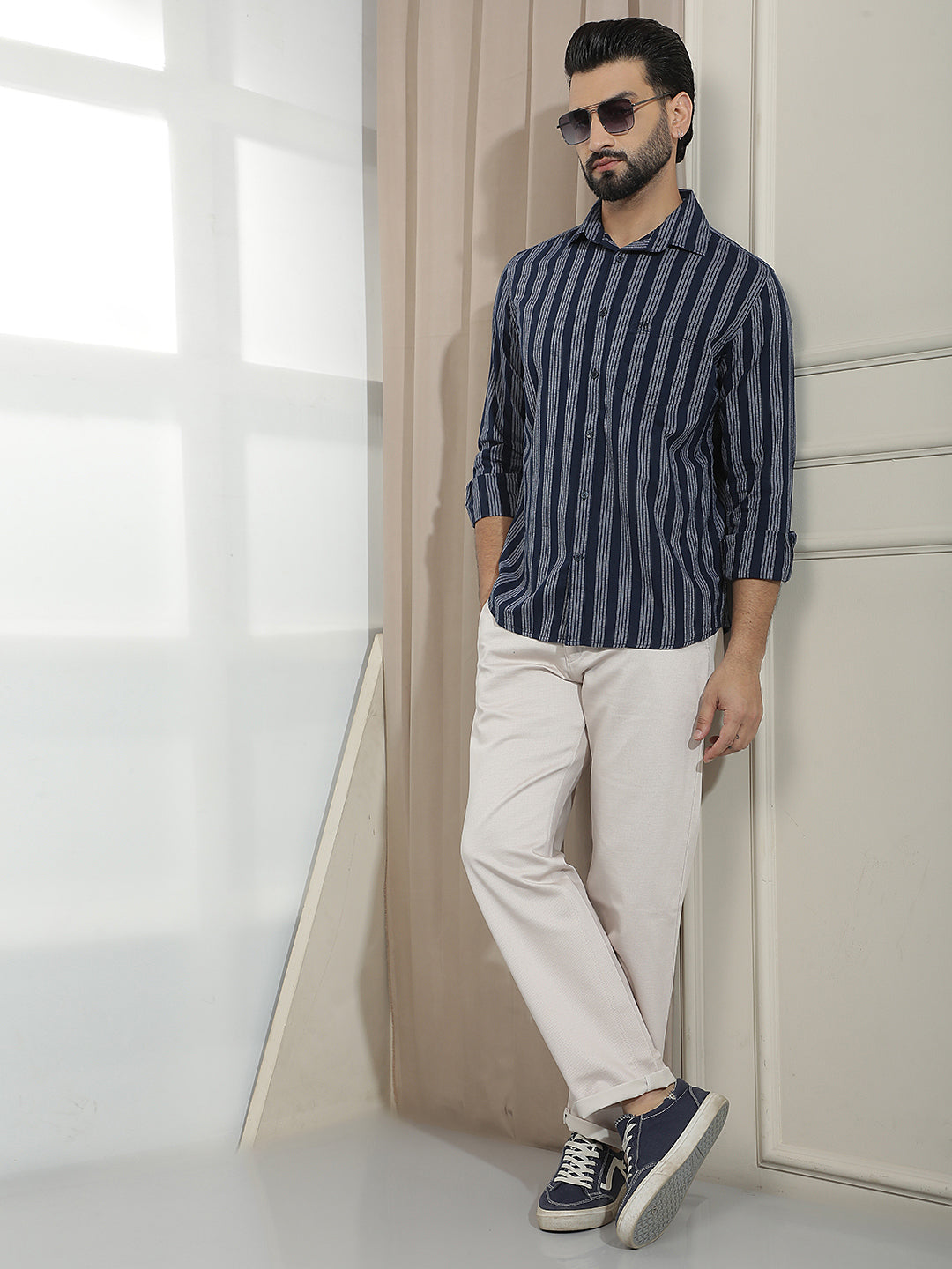 Navy Blue 100% Cotton Verical Stripes Shirt