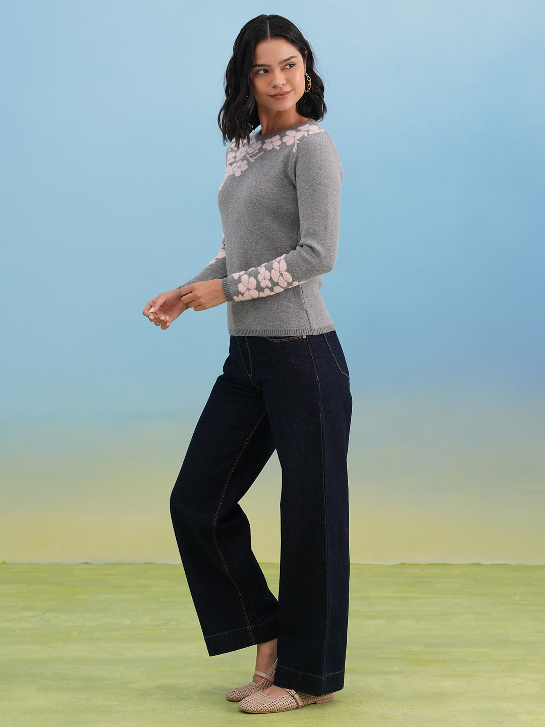 Grey Pink Floral Knit Sweater