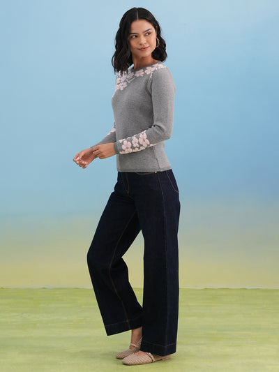 Grey Pink Floral Knit Sweater