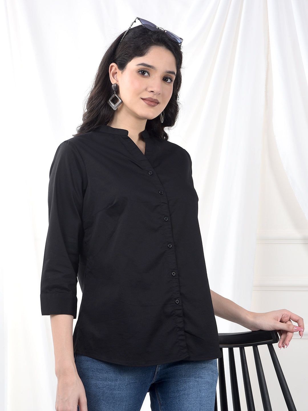 Jet Black Soft-Touch Mandarin Collar Shirt