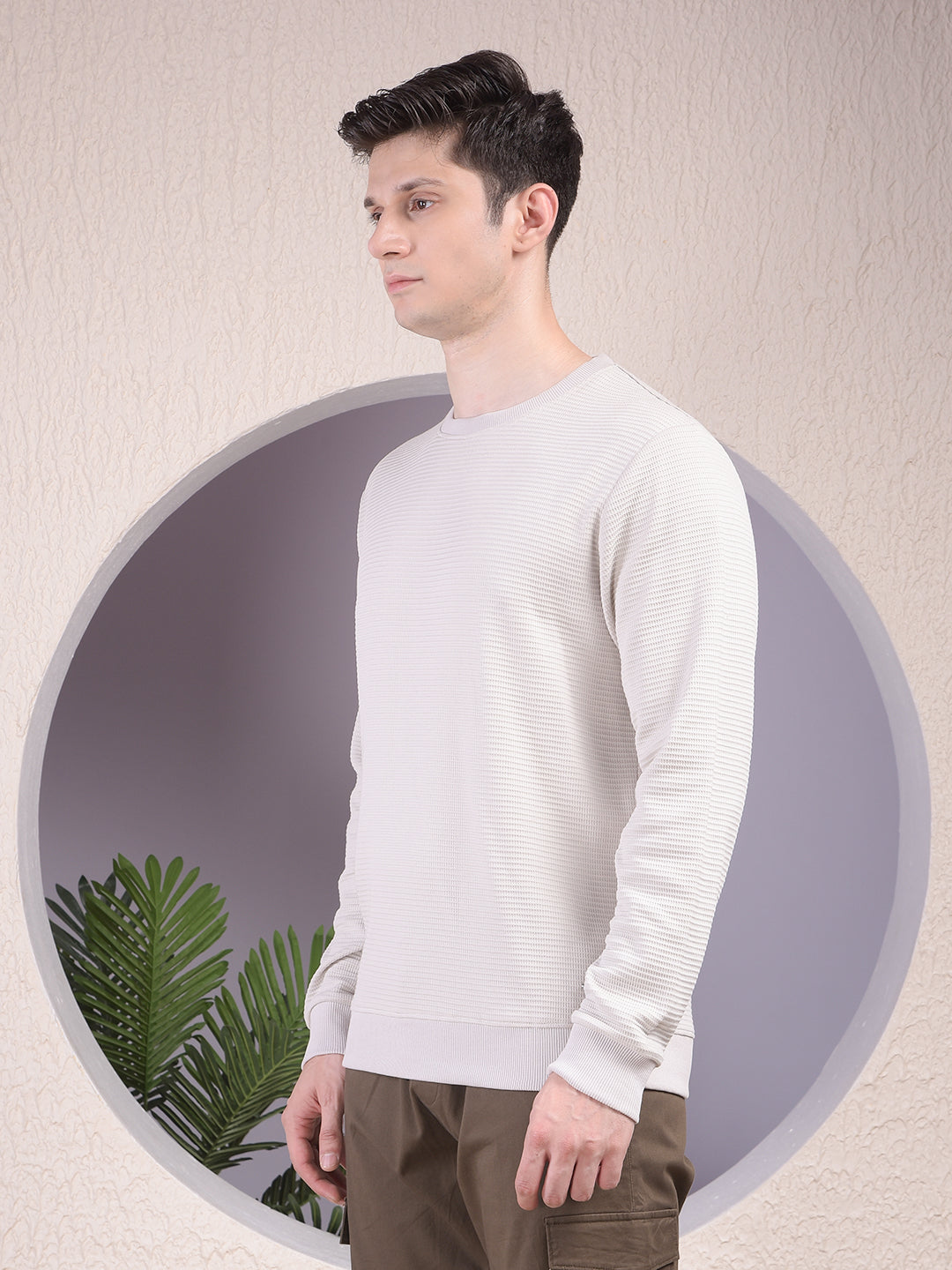 Textured Beige Casual Sweatshirt