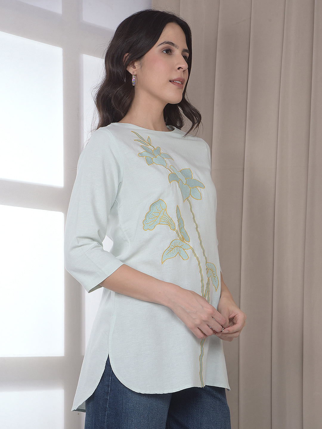 Green Embroidered Linen Longline Top