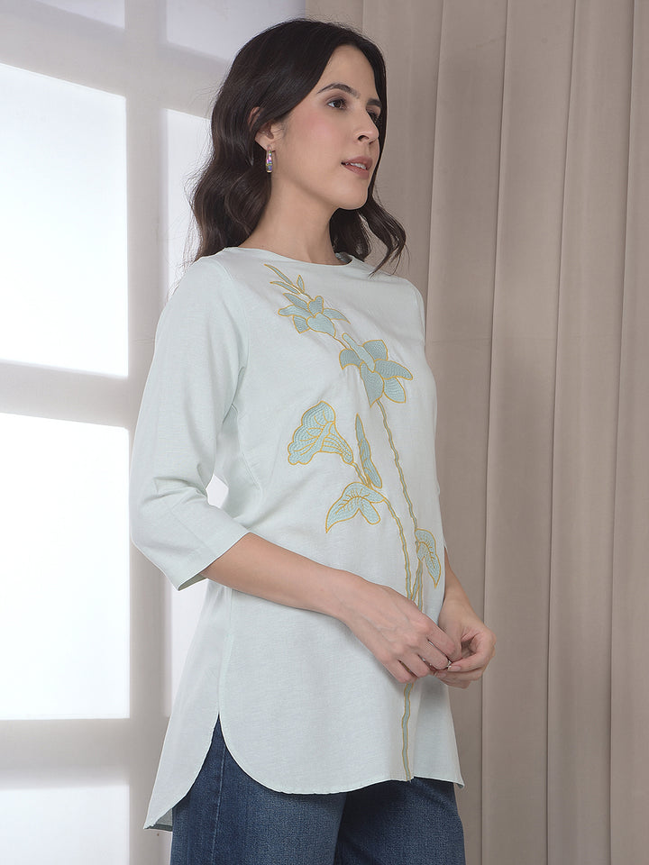 Green Embroidered Linen Longline Top