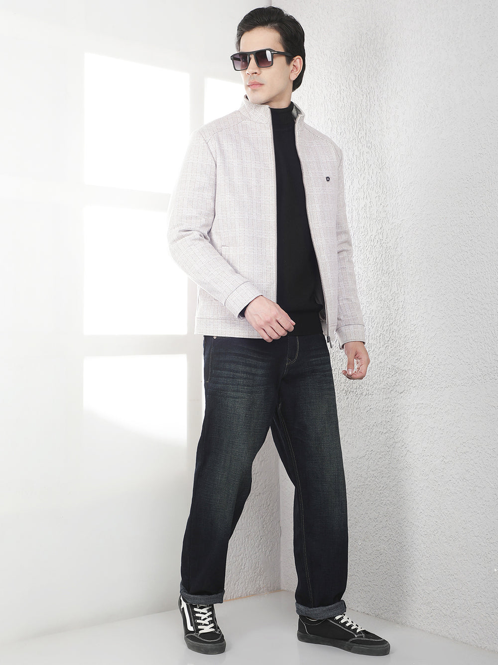 Beige Checked High Neck Tailored Jacket