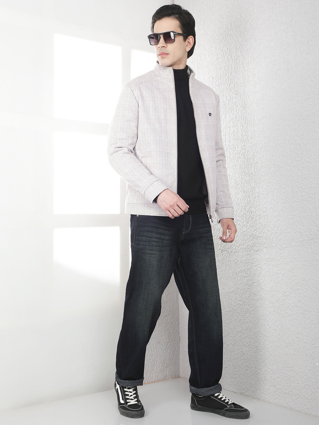 Beige Checked High Neck Tailored Jacket
