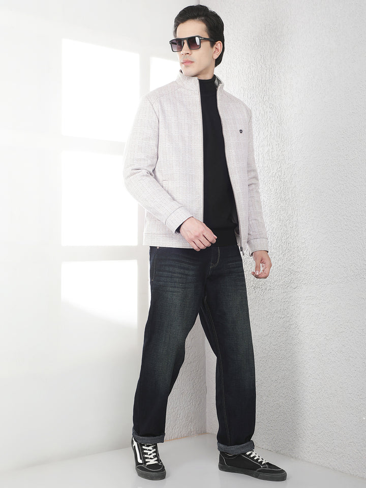 Beige Checked High Neck Tailored Jacket