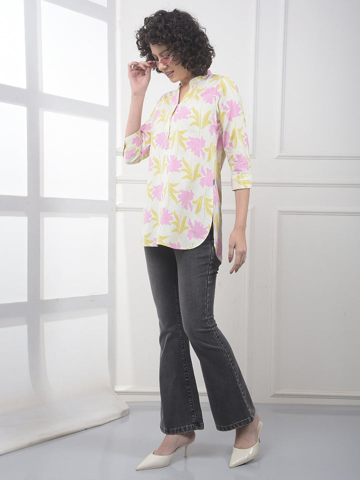 Pink Floral Print V-Neck Linen Top