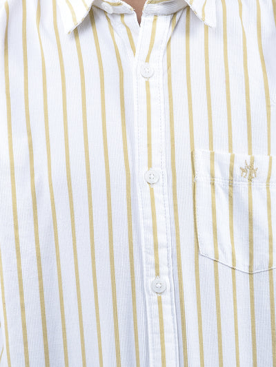 Beige Vertical Stripes 100% Cotton Corduroy Shirt