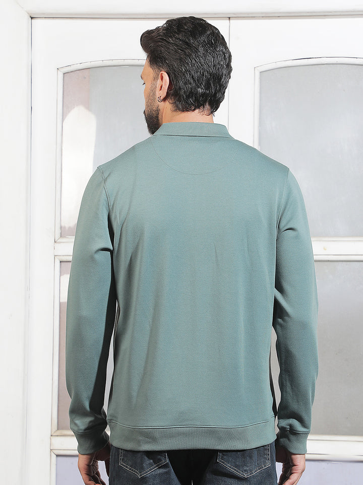 Green Polo Neck Front Open Sweatshirt