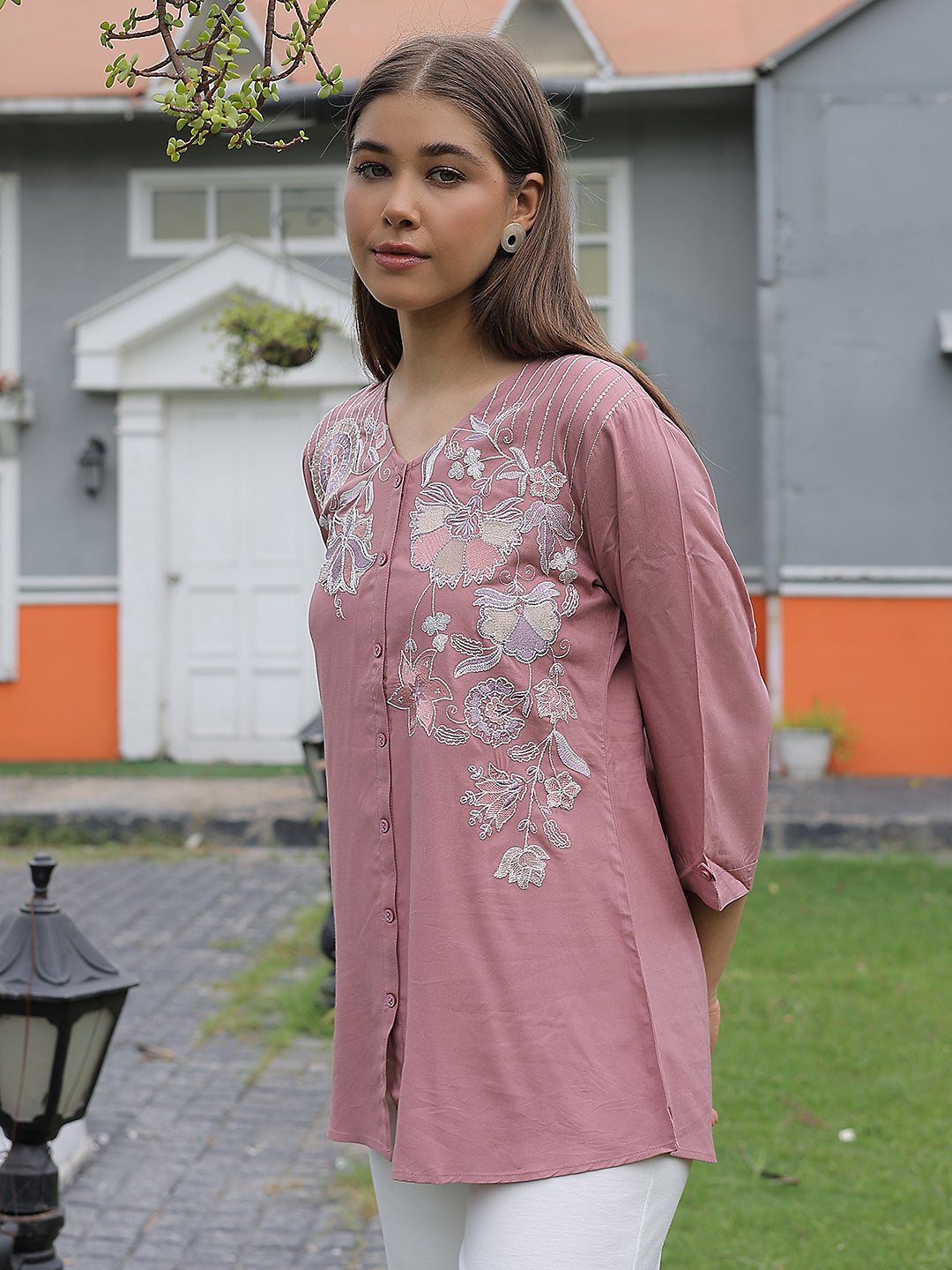 Pink Embroidered V-Neck Top
