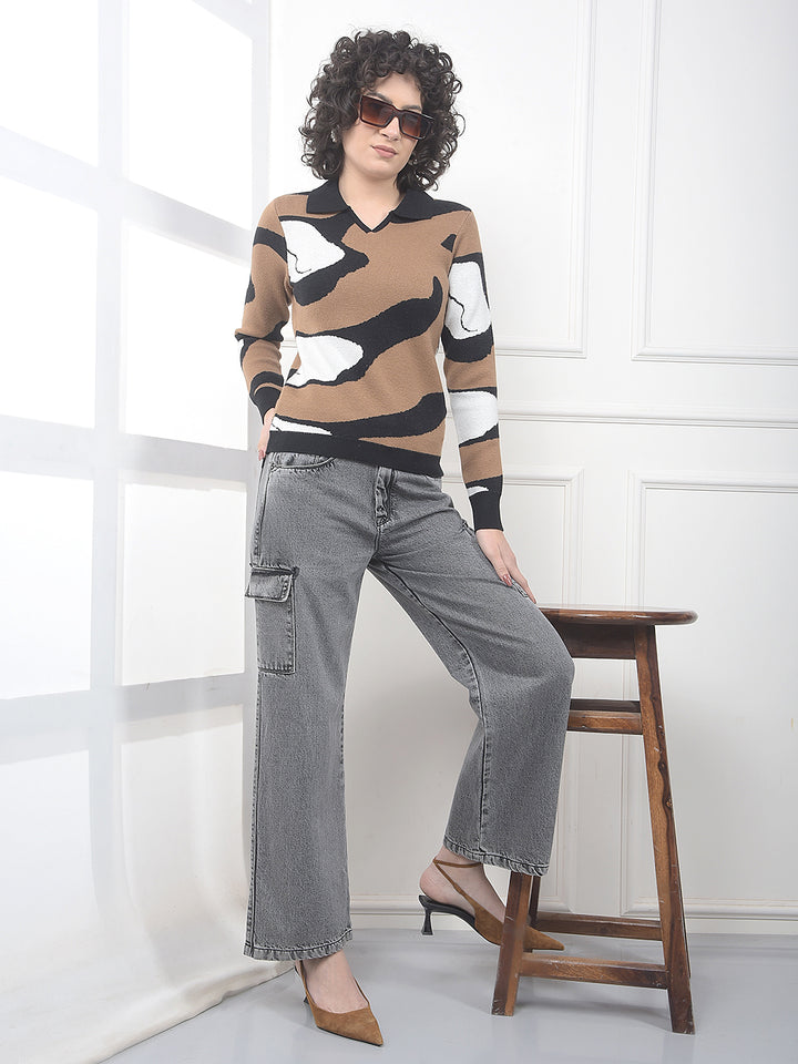 Jacquard Brown Sweater With Collar