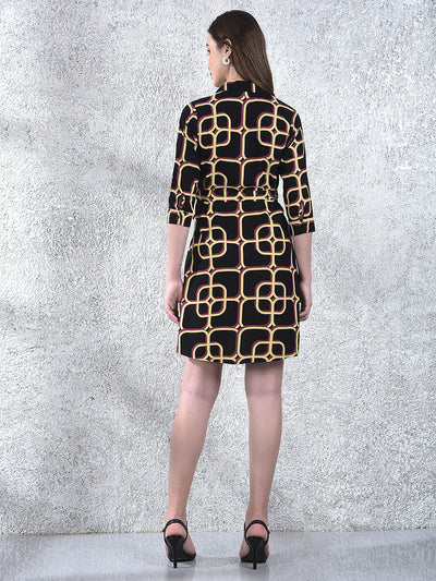 Black Printed V-Neck Shirt Dress-Women Dress-Crimsoune Club