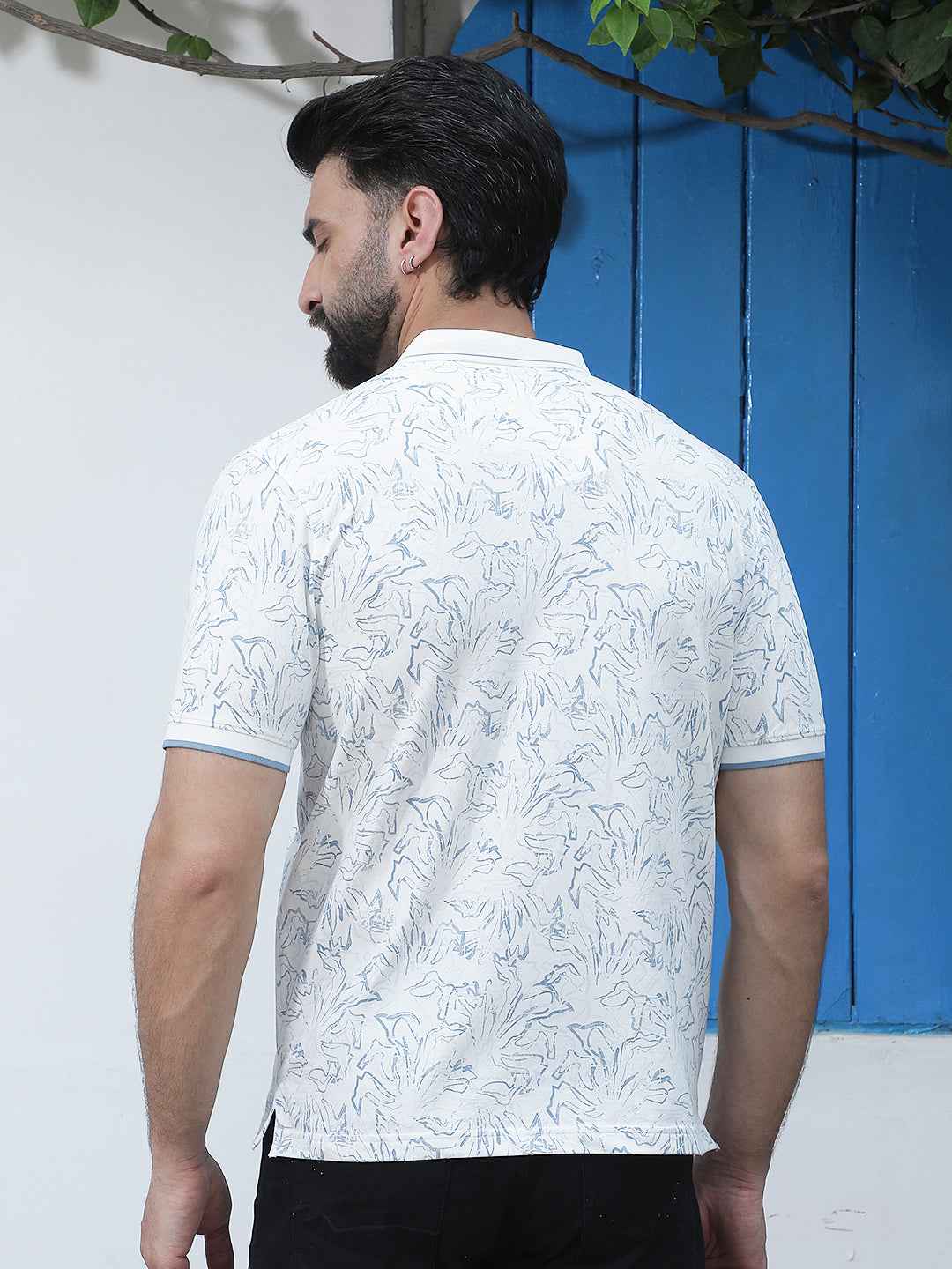 White Floral Print Polo Neck T-Shirt