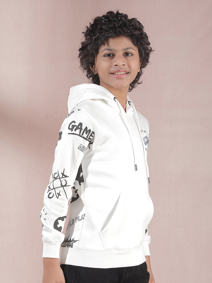 White Printed Hooded Neck Sweatshirt