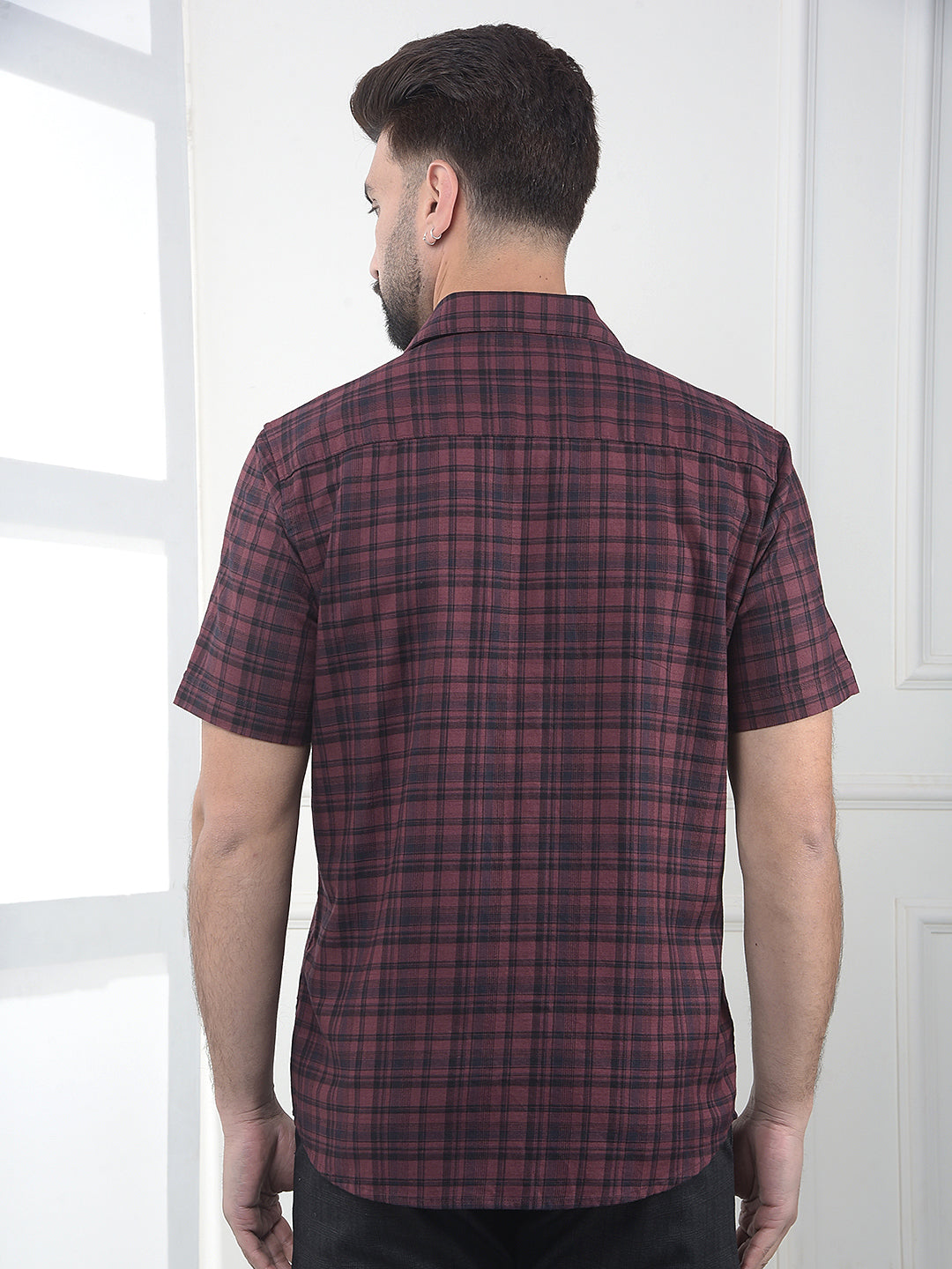Taupe Maroon Checked 100% Cotton Shirt