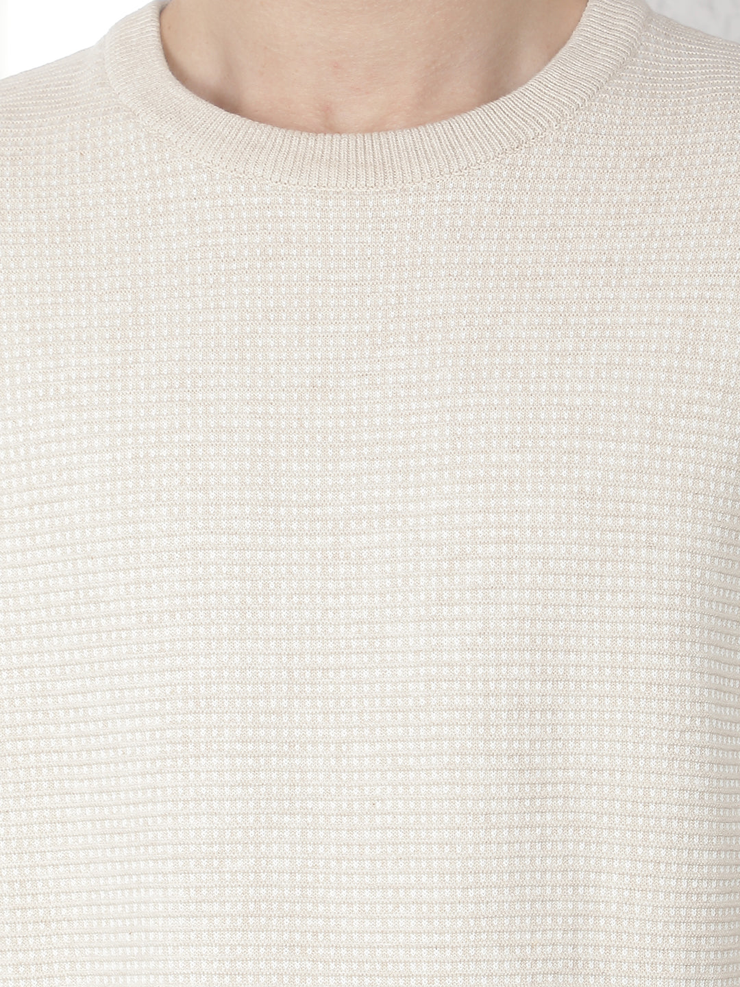 Beige 100% Cotton Textured Round Neck Sweater