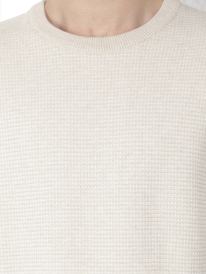Beige 100% Cotton Textured Round Neck Sweater