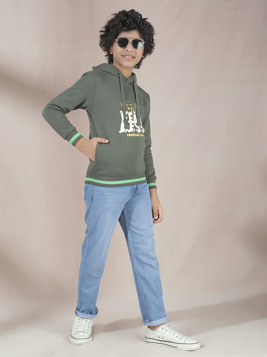 Olive Typographic Print Hooded Neck Sweatshirt