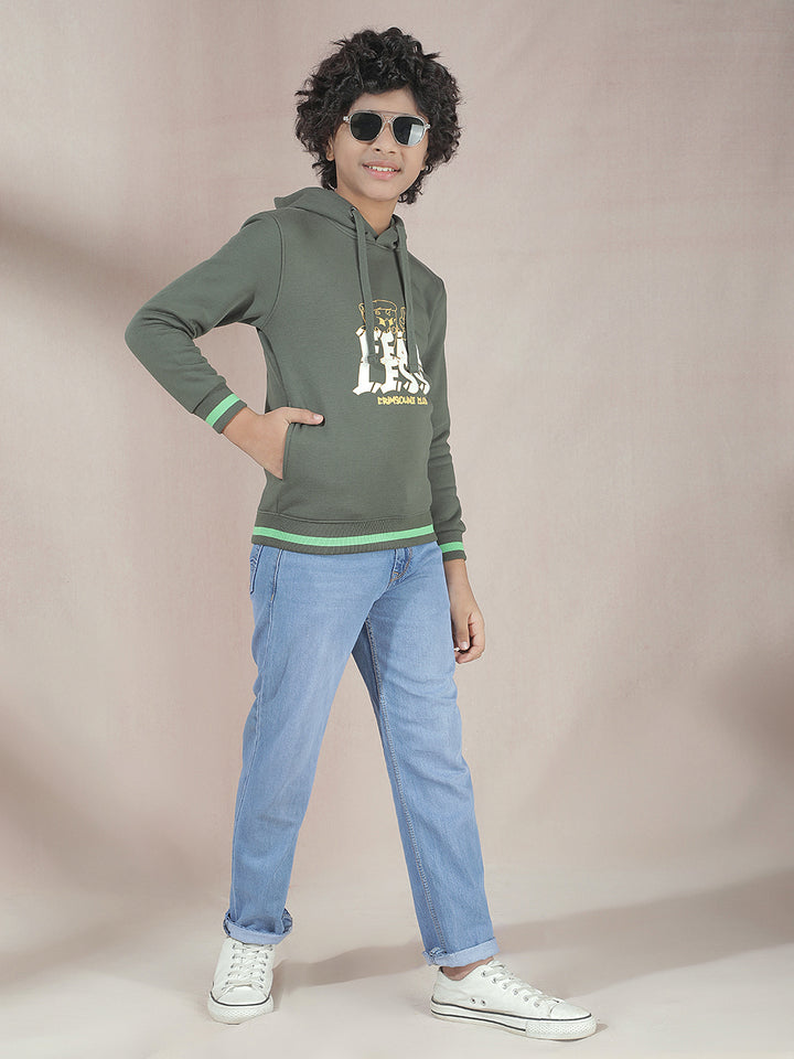 Olive Typographic Print Hooded Neck Sweatshirt