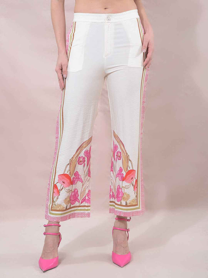 Off White Floral Print Casual Trousers