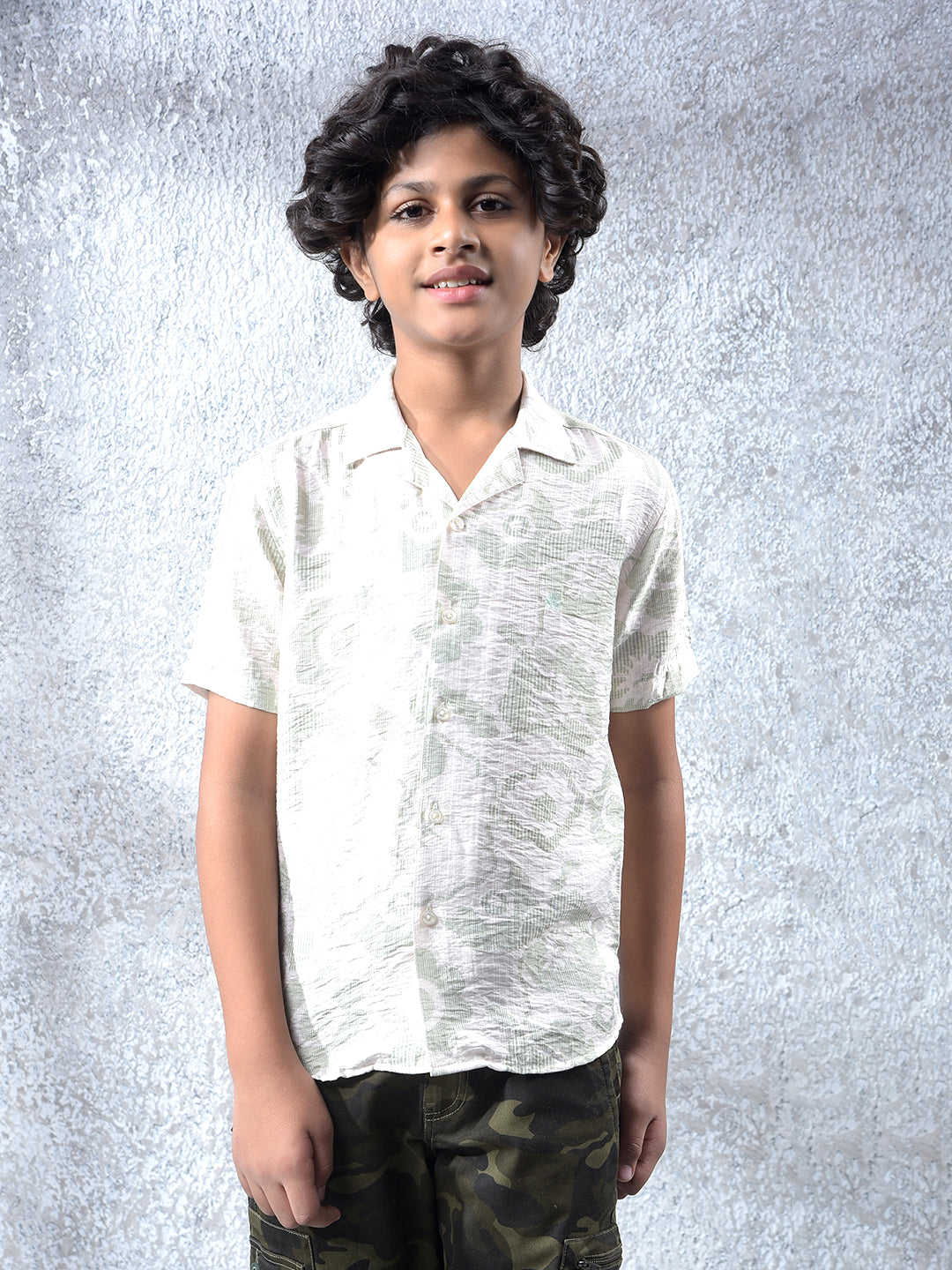 Green Floral Print Resort-Collar Shirt