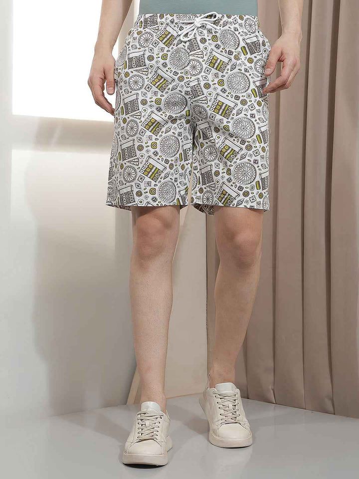 White 100% Cotton Abstract Printed Lounge Shorts