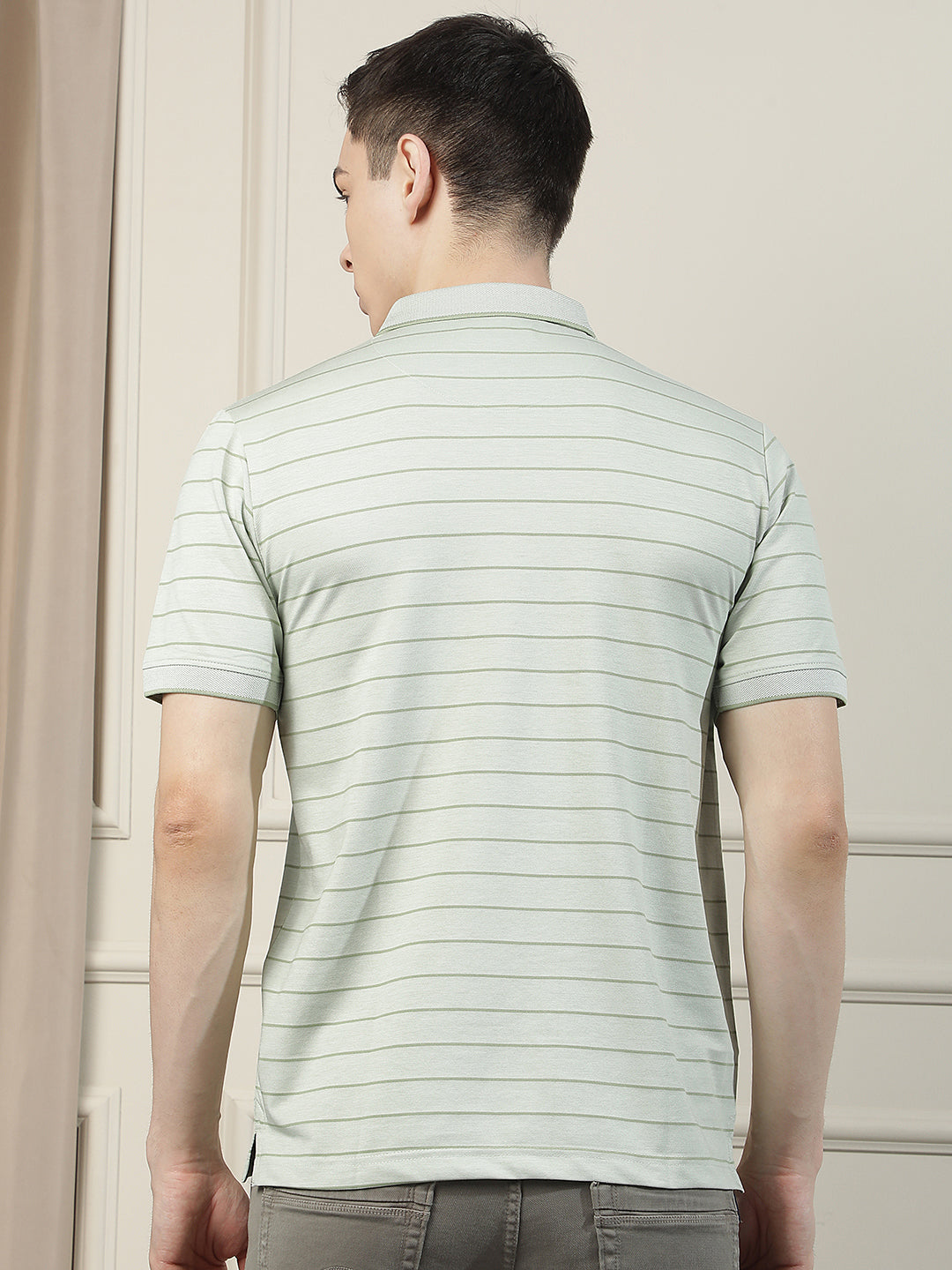 Beige Horizontal Stripes Polo Neck T-Shirt