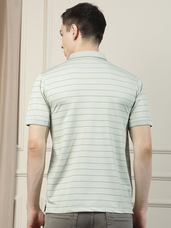 Beige Horizontal Stripes Polo Neck T-Shirt