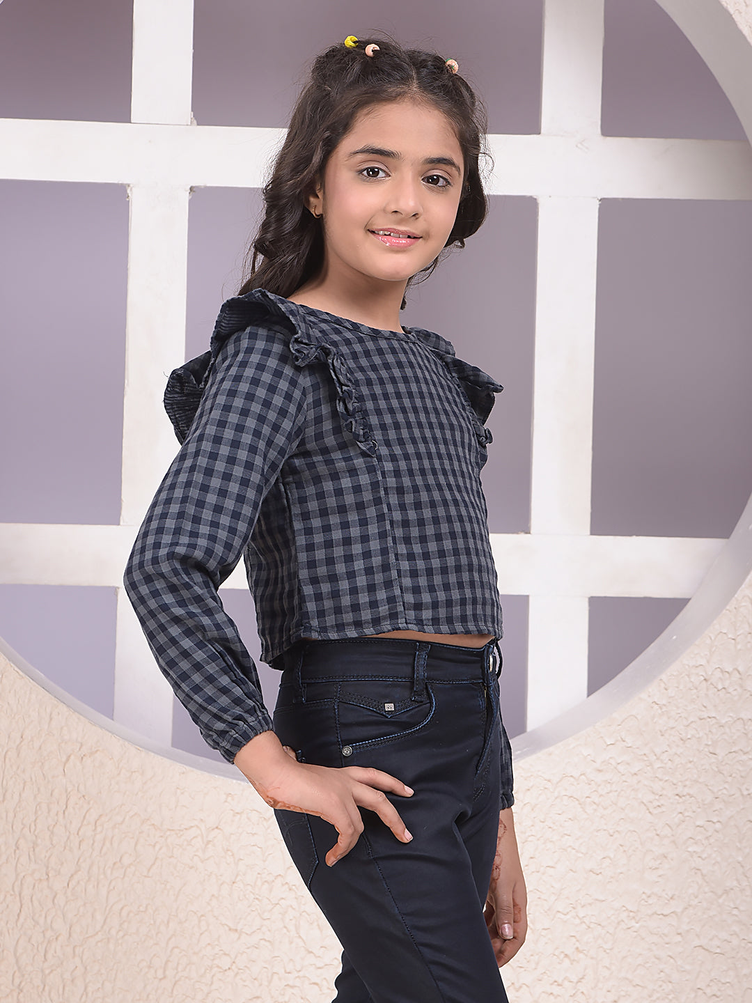 Grey Checked 100% Cotton Cropped Top