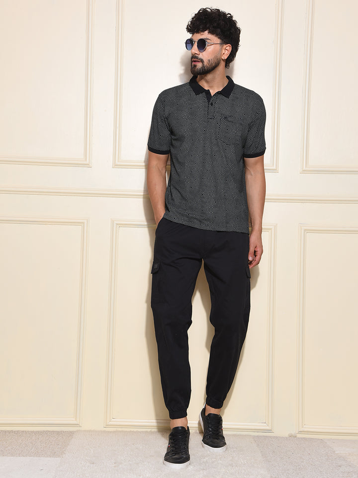 Black Printed Polo-Neck T-Shirt
