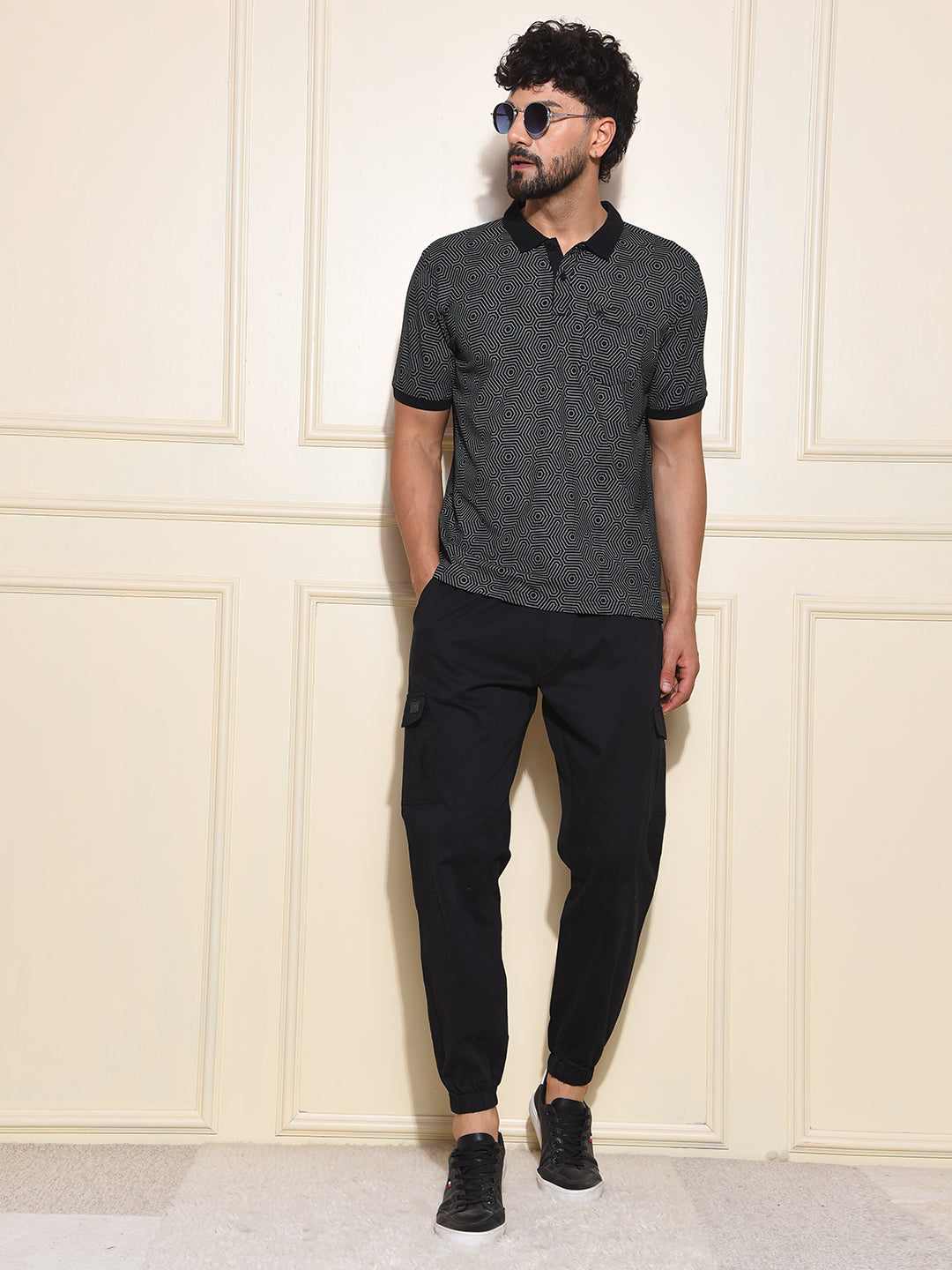 Black Printed Polo-Neck T-Shirt
