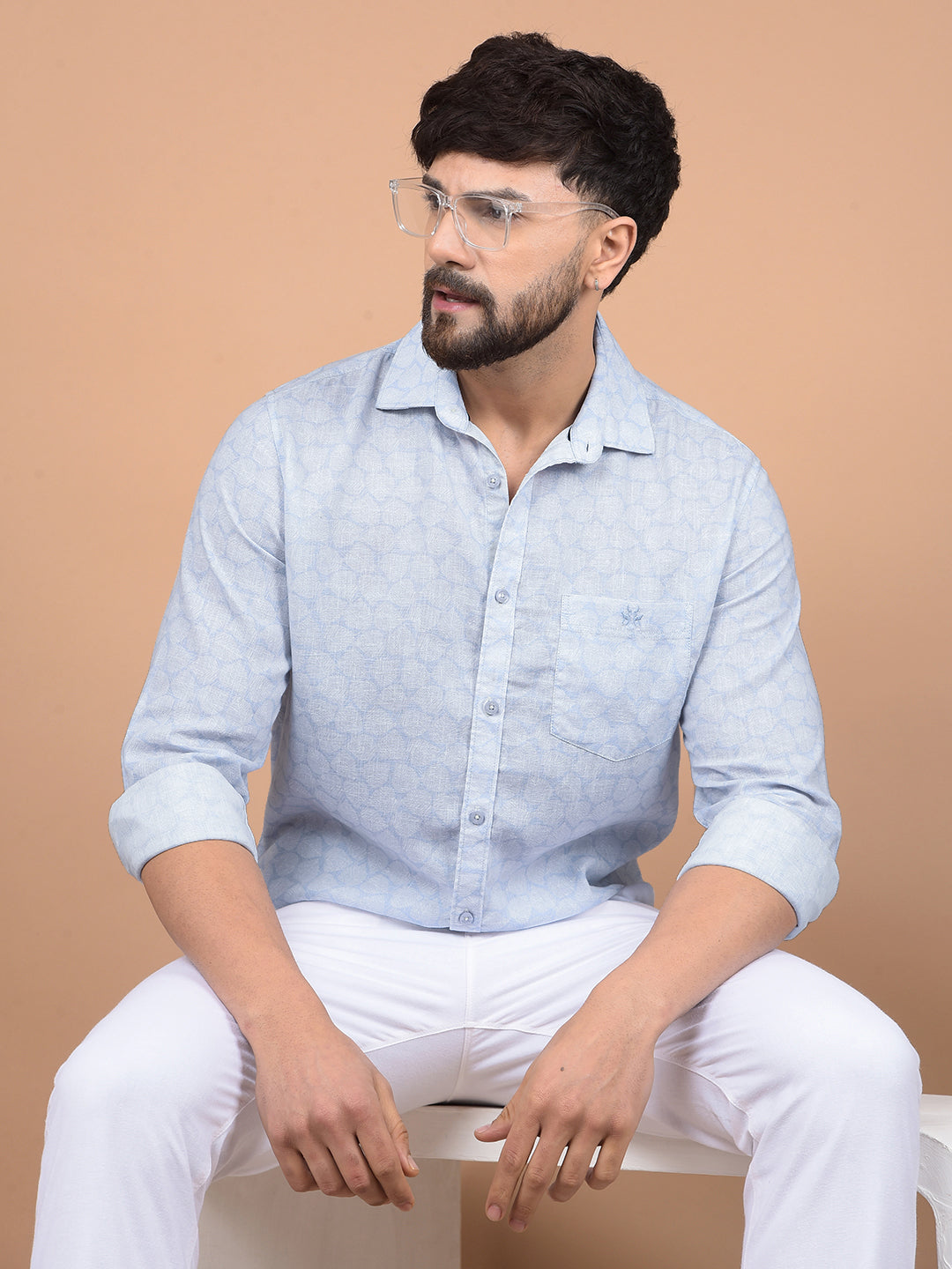 Blue Printed Linen Shirt-Men Shirts-Crimsoune Club