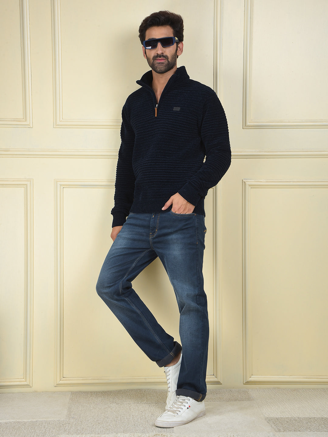 Navy Blue Jacquard Knitted Sweater