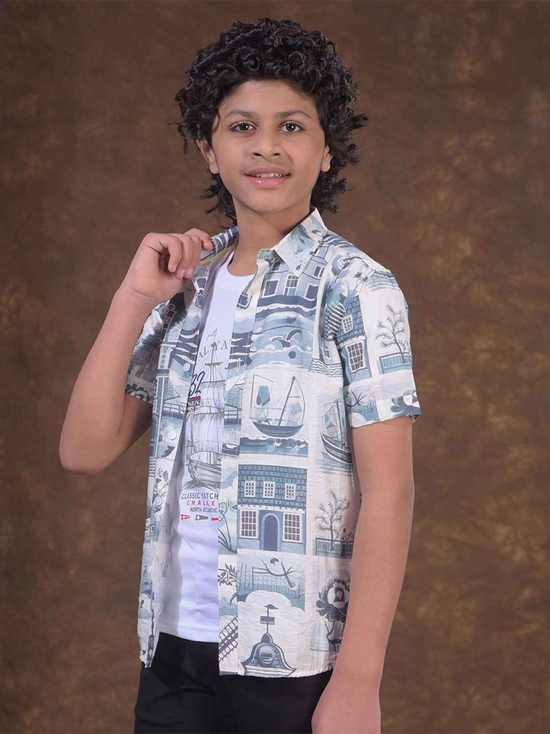 Blue Motif Print Shirt & Tee Set Layered Look