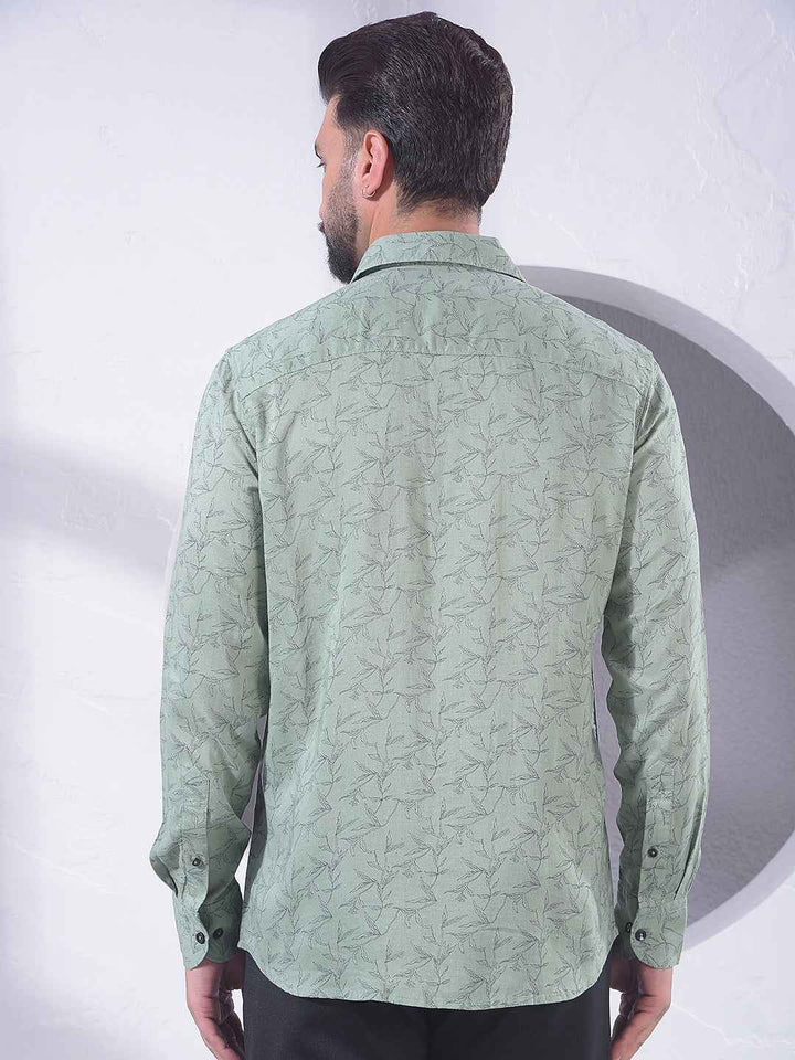 Green Floral Print Linen Shirt