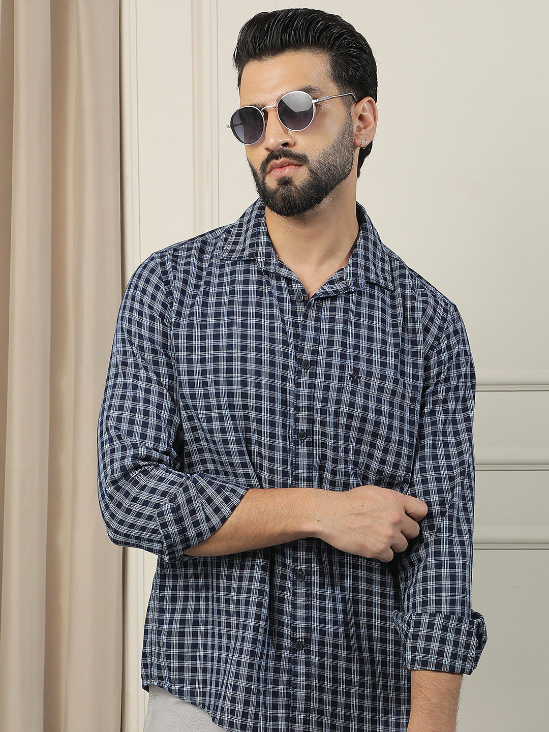 Navy Blue 100% Cotton Checked Shirt