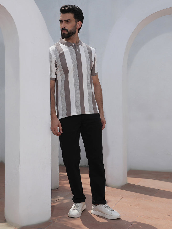 Grey Vertical Striped Polo Neck T-Shirt