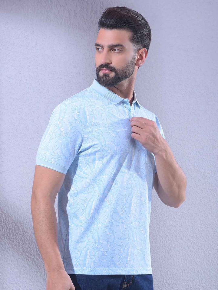 Blue Floral Print Polo Neck T-Shirt