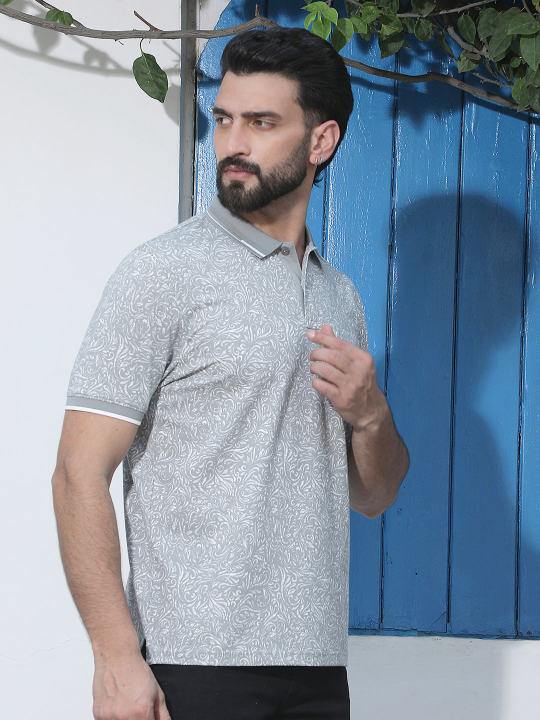 Grey Printed Polo Neck T-Shirt