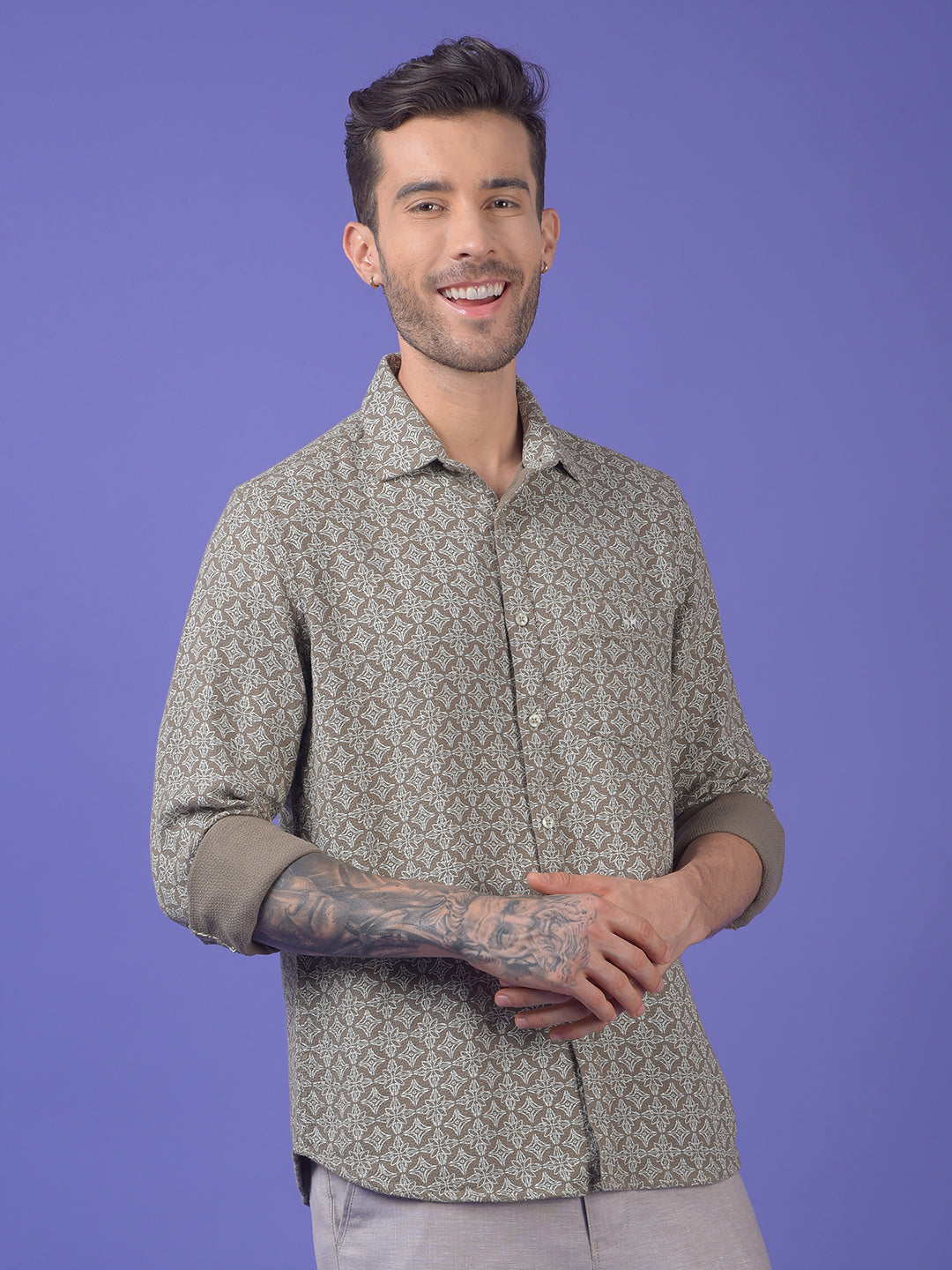 Olive Printed 100% Cotton Shirt
