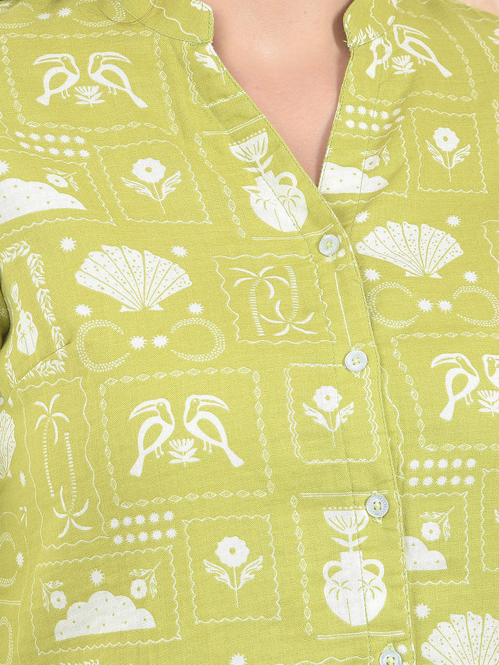 Printed 100% Cotton Olive V-Neck Shirt