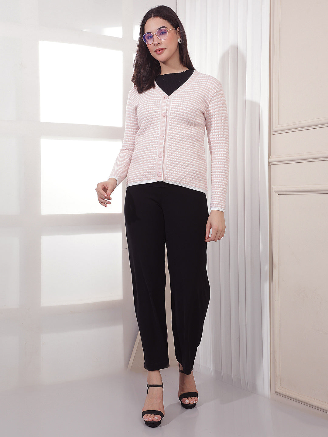 Pink Printed V-Neck Cardigan