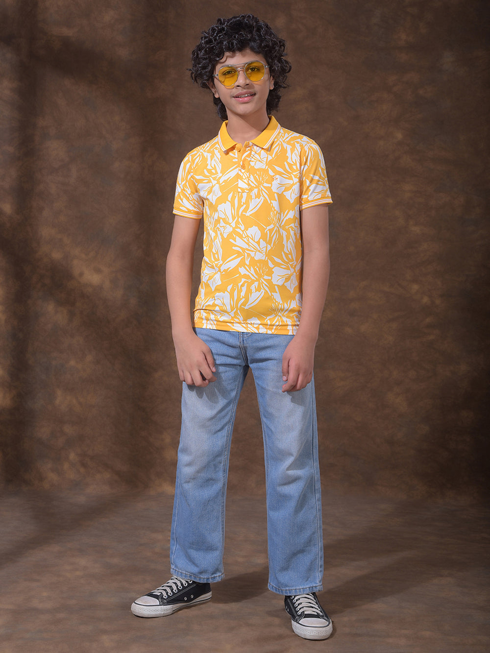 Yellow Printed Polo Neck T-Shirt