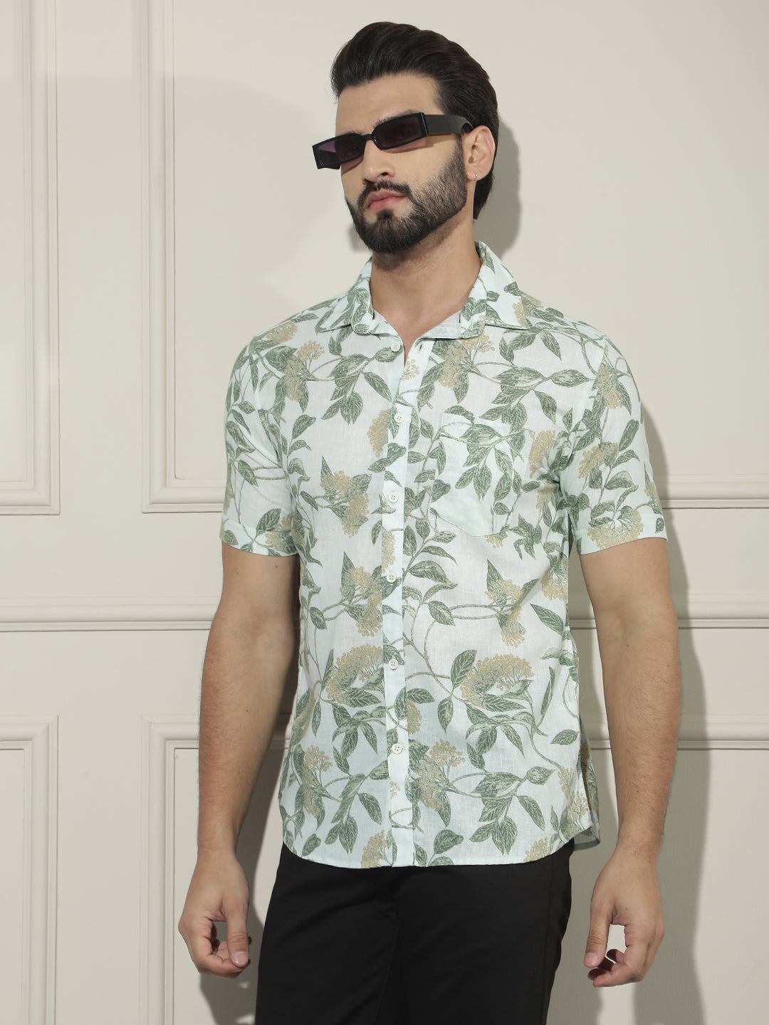 Green Floral Print Linen Shirt