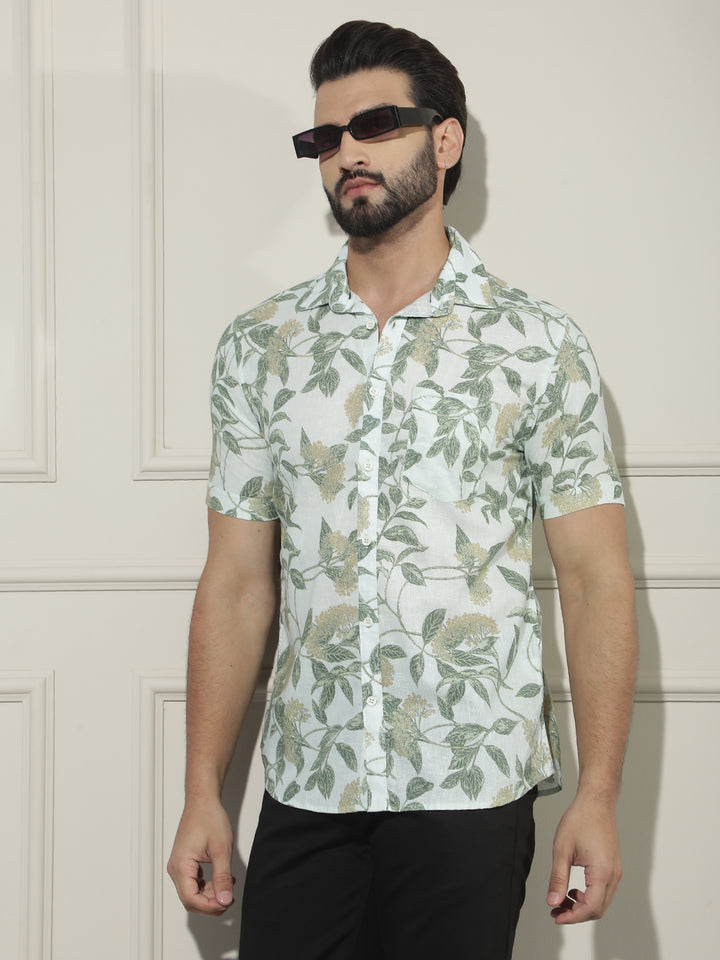 Green Floral Print Linen Shirt