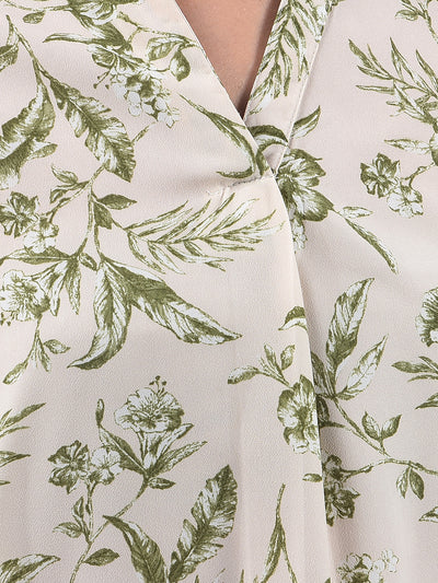 Green Floral Print V-Neck Top