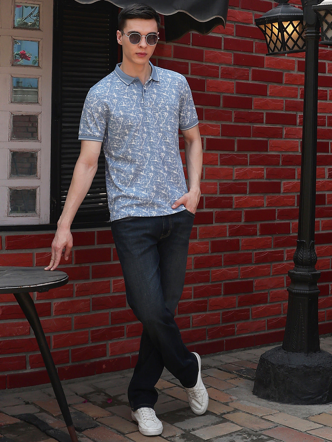 Blue Printed Polo Neck T-Shirt